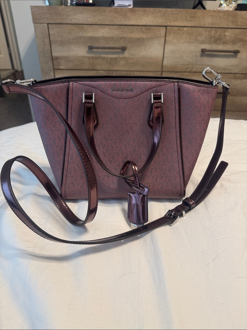 Michael Kors Plum Textured Saffiano Satchel with Crossbody Strap